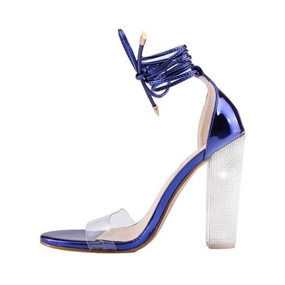 Blue High Heels Sandals with Rhinestone Block Heel & Strappy Adjustable Ankle - Picture 3 of 8